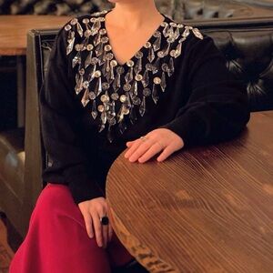 Vintage Bonnie Boerer Black V neck Sweater With Crystal Embellishments Sz M